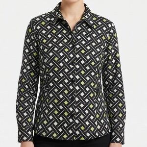Tweeds Linen‎ Button Up Shirt Womens XL Black White Geometric Lattice D-Ring